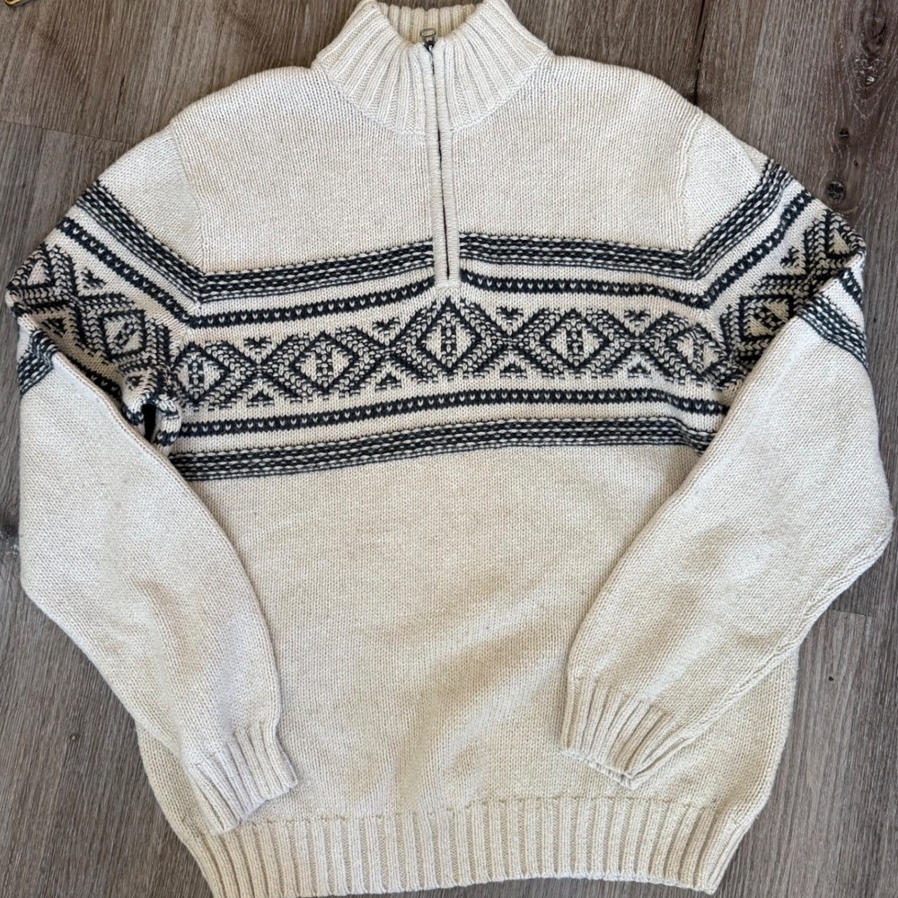 Eddie Bauer‎ Mens Quarter Zip Fair Isle Nordic Wool Blend Sweater Size LT Preppy